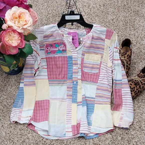 2903 Size Blessed Girl Semi fitted Upcycled Button Down Shirt. - Picture 2 of 4
